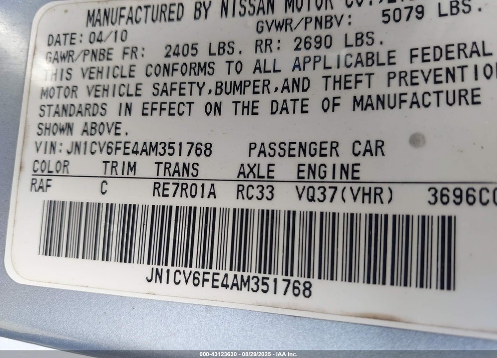 2010 INFINITI G37 VIN: JN1CV6FE4AM351768