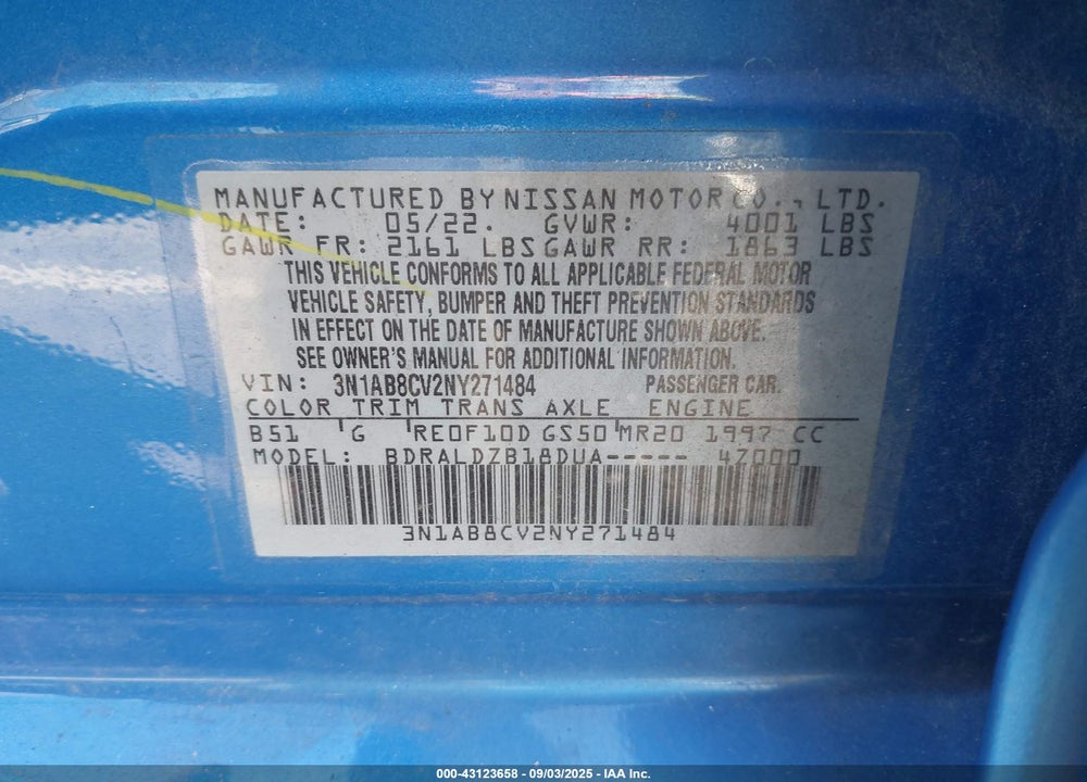2022 NISSAN SENTRA VIN: 3N1AB8CV2NY271484