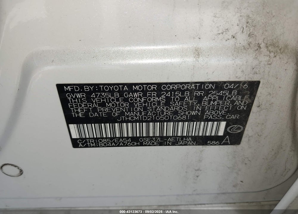 2016 LEXUS IS 300 VIN: JTHCM1D21G5010681