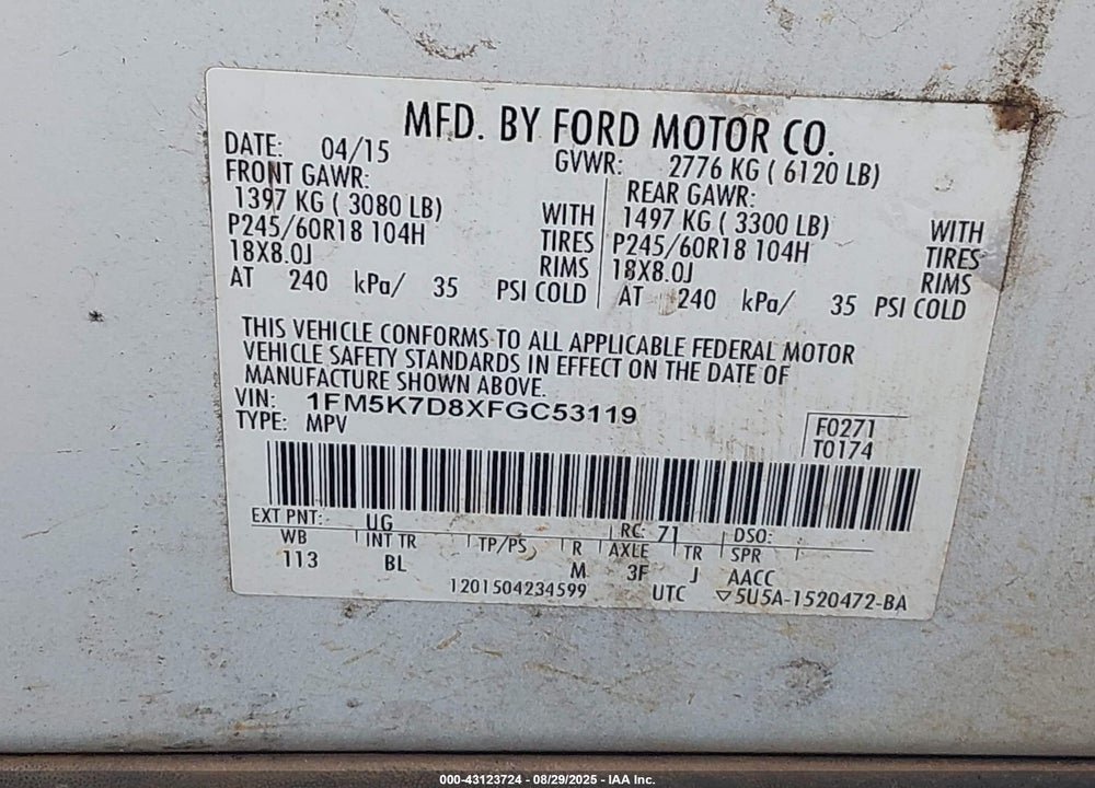 2015 FORD EXPLORER VIN: 1FM5K7D8XFGC53119