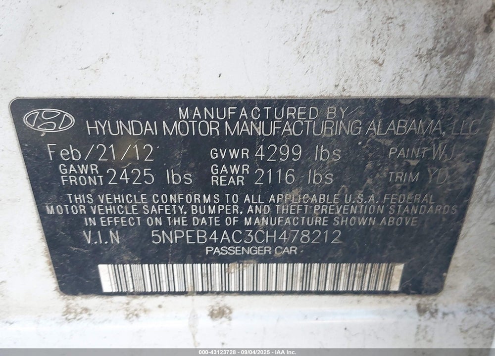 2012 HYUNDAI SONATA GLS VIN: 5NPEB4AC3CH478212