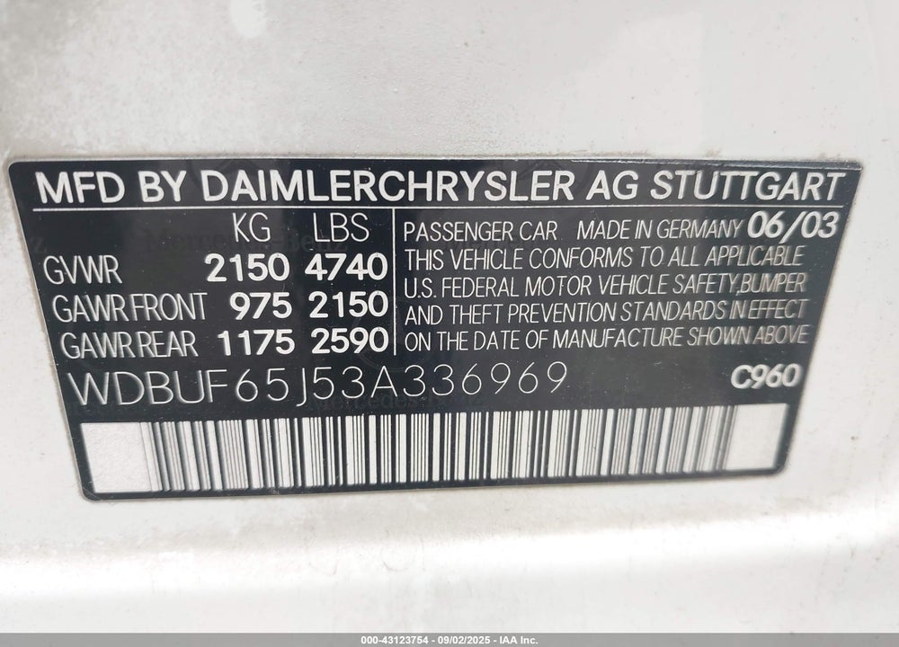 2003 MERCEDES-BENZ E 320 VIN: WDBUF65J53A336969