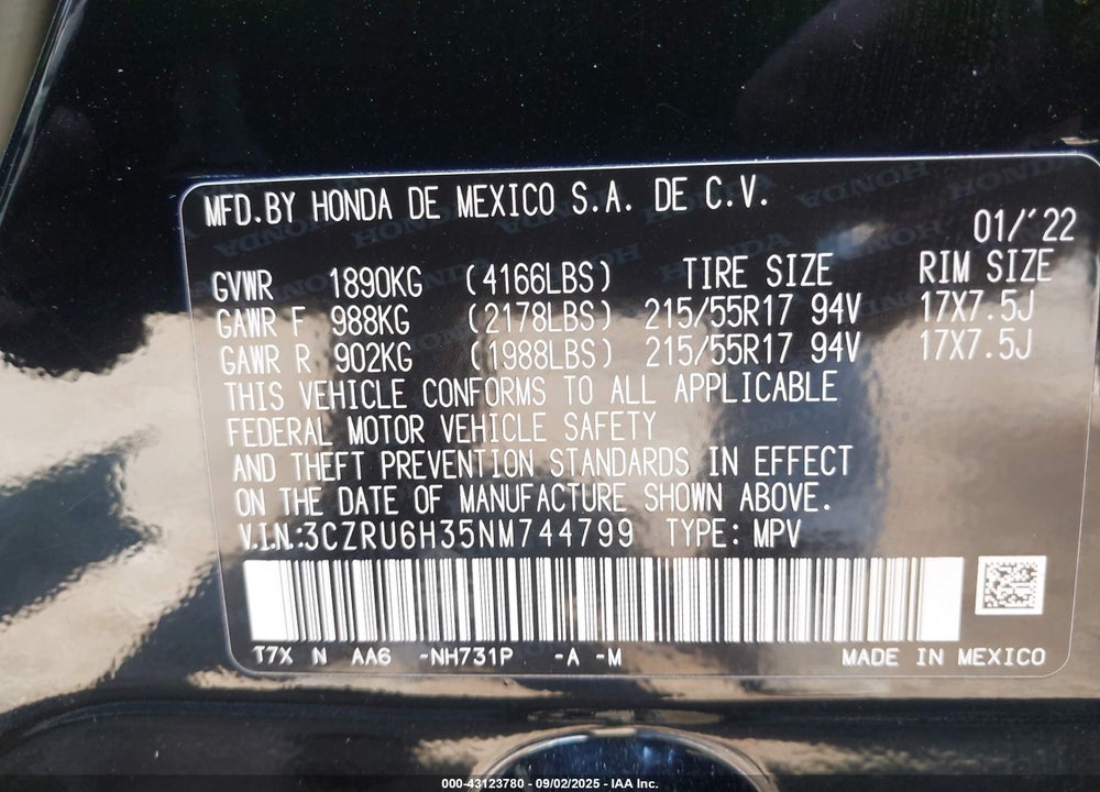 2022 HONDA HR-V VIN: 3CZRU6H35NM744799