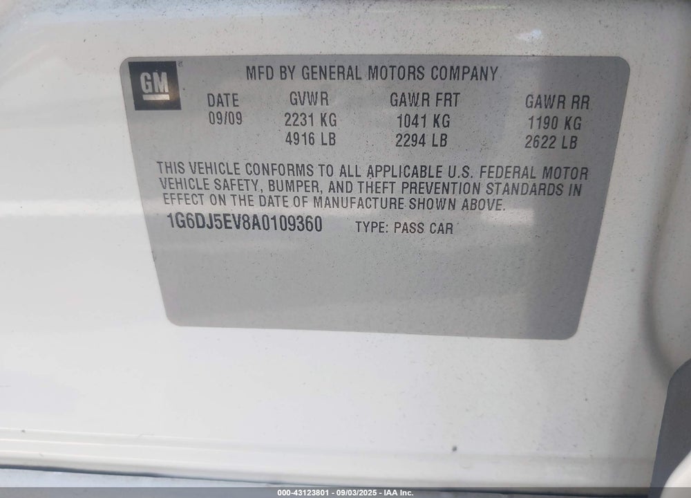2010 CADILLAC CTS VIN: 1G6DJ5EV8A0109360