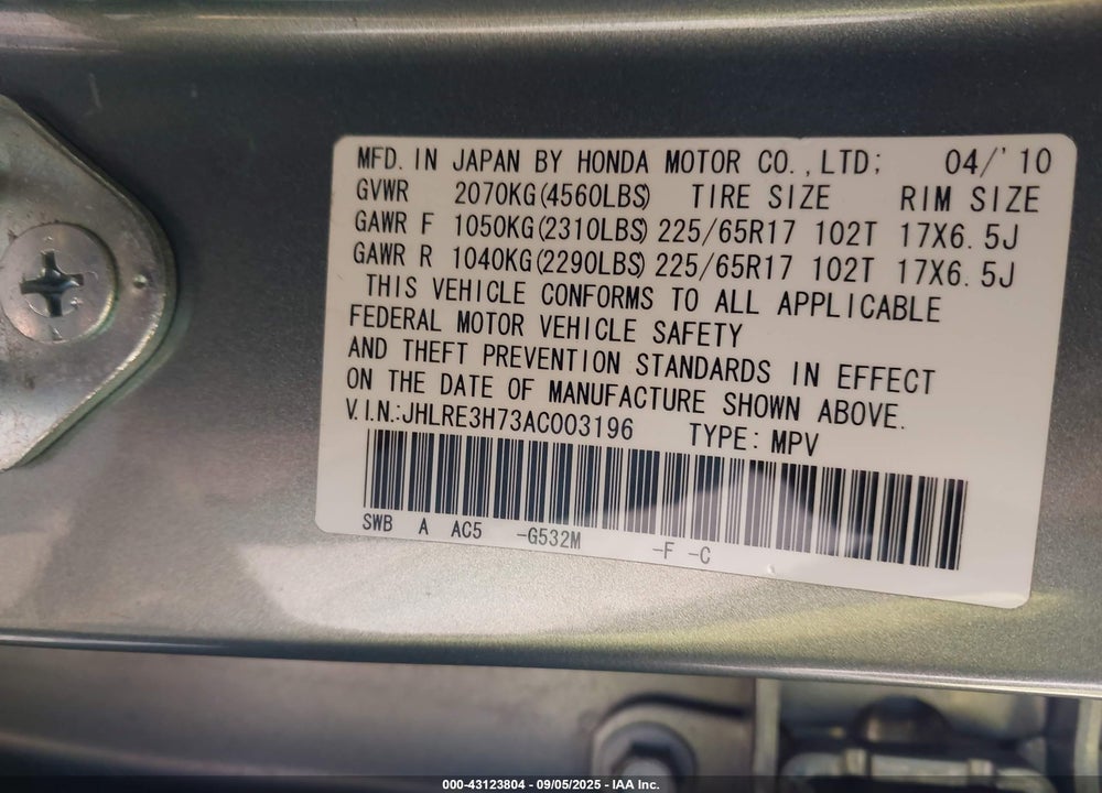 2010 HONDA CR-V VIN: JHLRE3H73AC003196