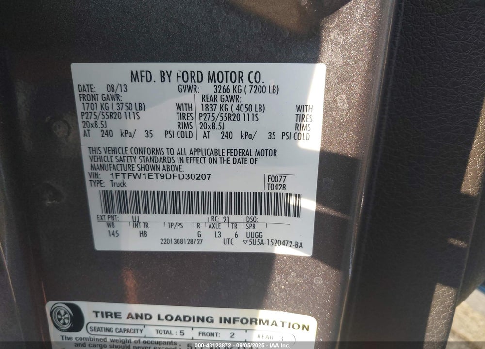 2013 FORD F-150 VIN: 1FTFW1ET9DFD30207