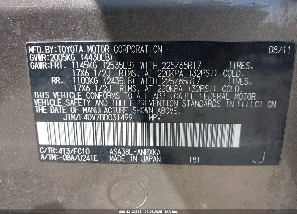 2011 TOYOTA RAV4 VIN: JTMZF4DV7BD031499