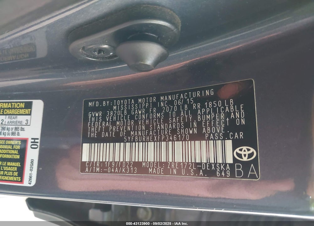 2015 TOYOTA COROLLA VIN: 5YFBURHEXFP346170