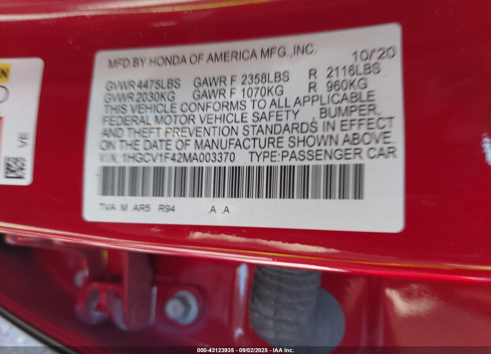 2021 HONDA ACCORD VIN: 1HGCV1F42MA003370
