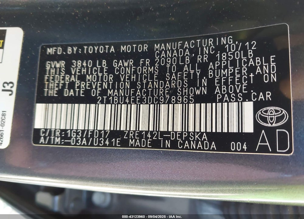 2013 TOYOTA COROLLA S VIN: 2T1BU4EE3DC978965