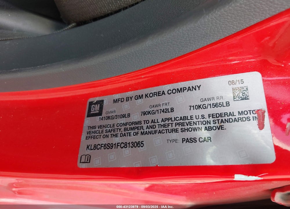 2015 CHEVROLET SPARK VIN: KL8CF6S91FC813065