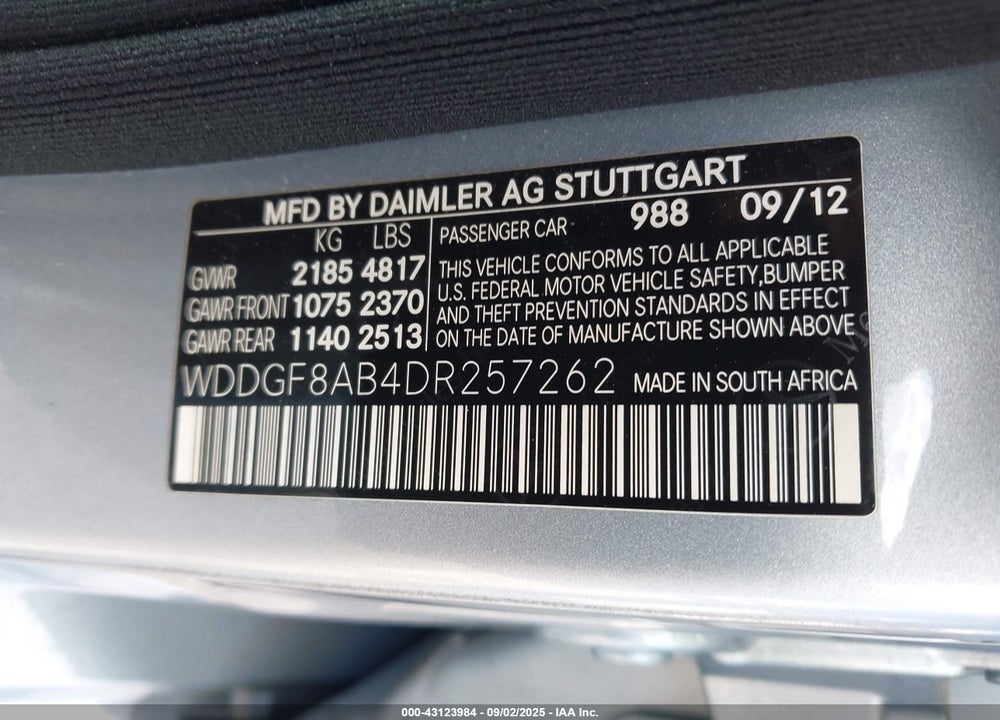 2013 MERCEDES-BENZ C CLASS VIN: WDDGF8AB4DR257262