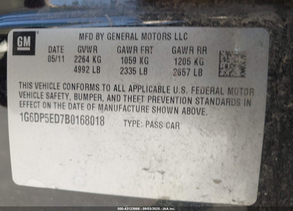2011 CADILLAC CTS VIN: 1G6DP5ED7B0168018