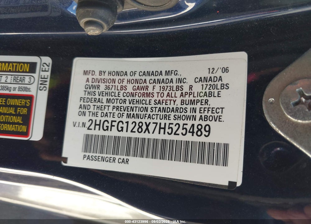 2007 HONDA CIVIC VIN: 2HGFG128X7H525489