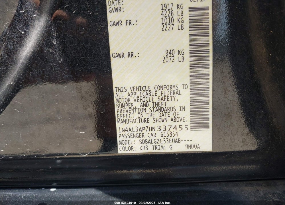 2017 NISSAN ALTIMA VIN: 1N4AL3AP7HN337455
