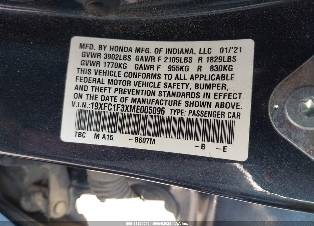 2021 HONDA CIVIC VIN: 19XFC1F3XME005096