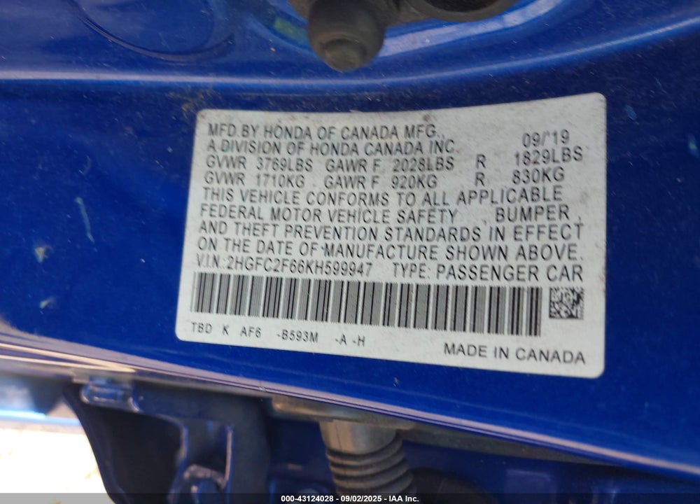 2019 HONDA CIVIC VIN: 2HGFC2F66KH599947
