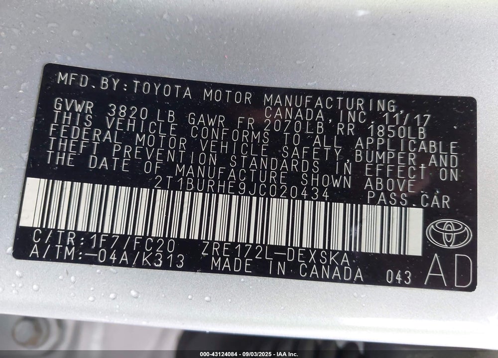 2018 TOYOTA COROLLA VIN: 2T1BURHE9JC020434