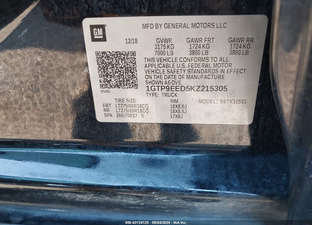 2019 GMC SIERRA 1500 VIN: 1GTP9EED5KZ215305