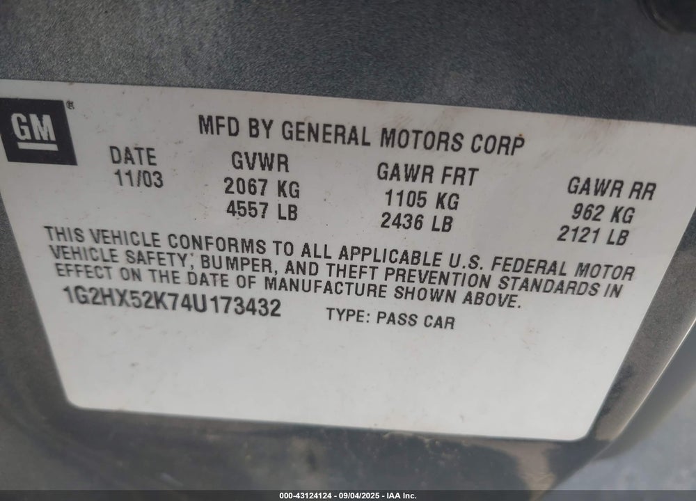 2004 PONTIAC BONNEVILLE SE VIN: 1G2HX52K74U173432