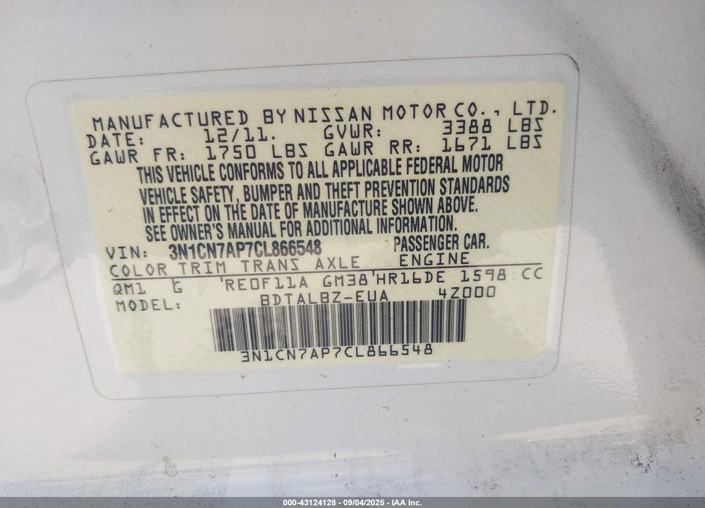 2012 NISSAN VERSA VIN: 3N1CN7AP7CL866548