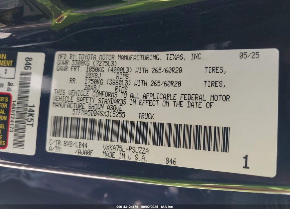 2025 TOYOTA TUNDRA VIN: 5TFMA5DB4SX315255