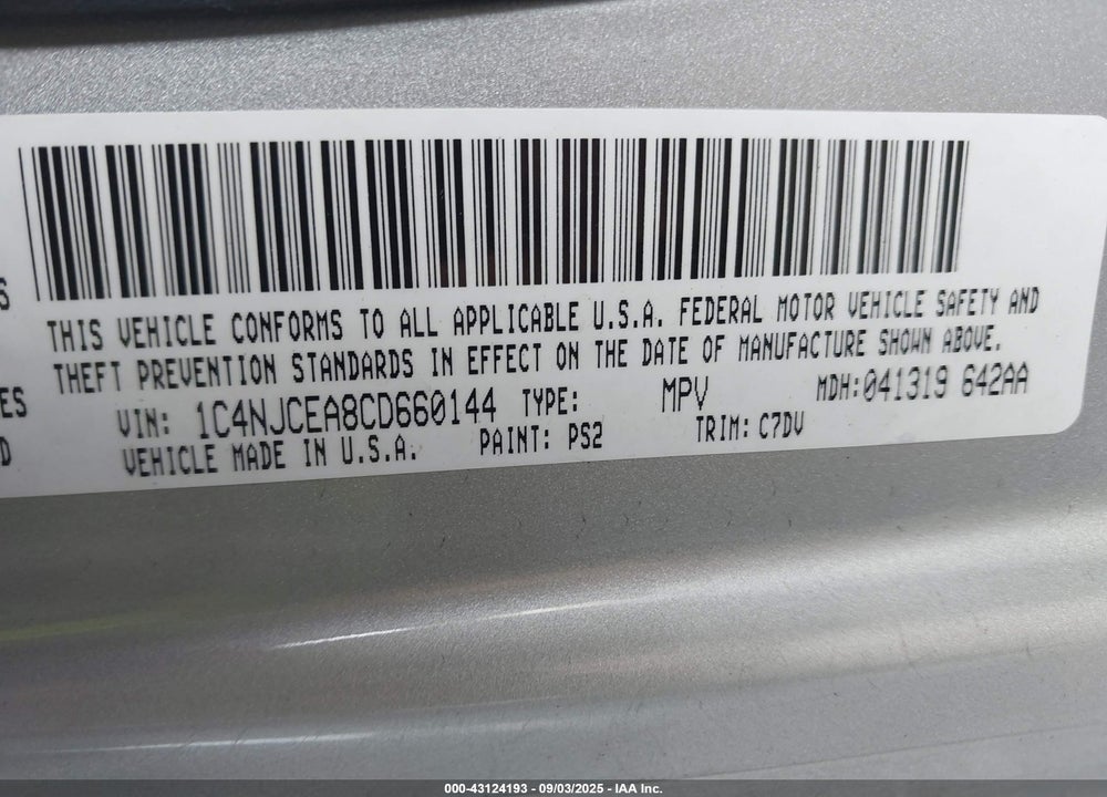 2012 JEEP COMPASS VIN: 1C4NJCEA8CD660144