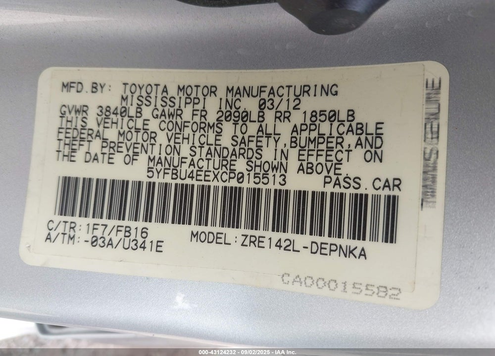 2012 TOYOTA COROLLA LE VIN: 5YFBU4EEXCP015513