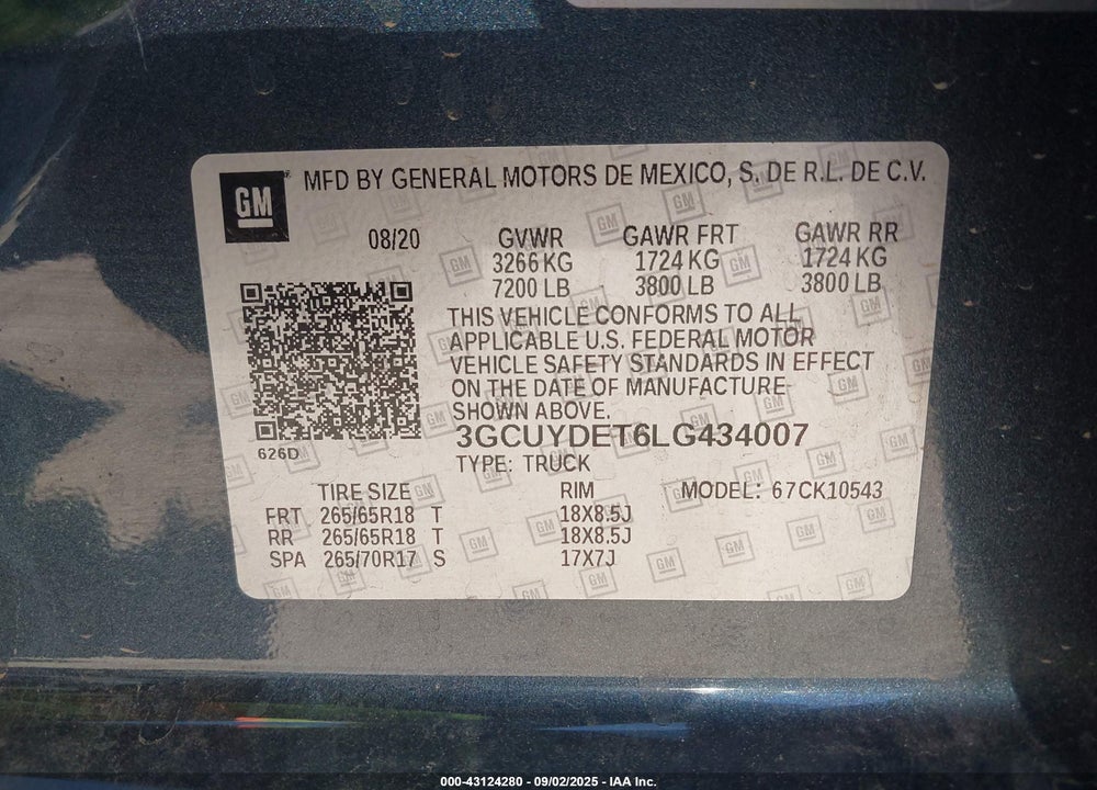 2020 CHEVROLET SILVERADO 1500 VIN: 3GCUYDET6LG434007