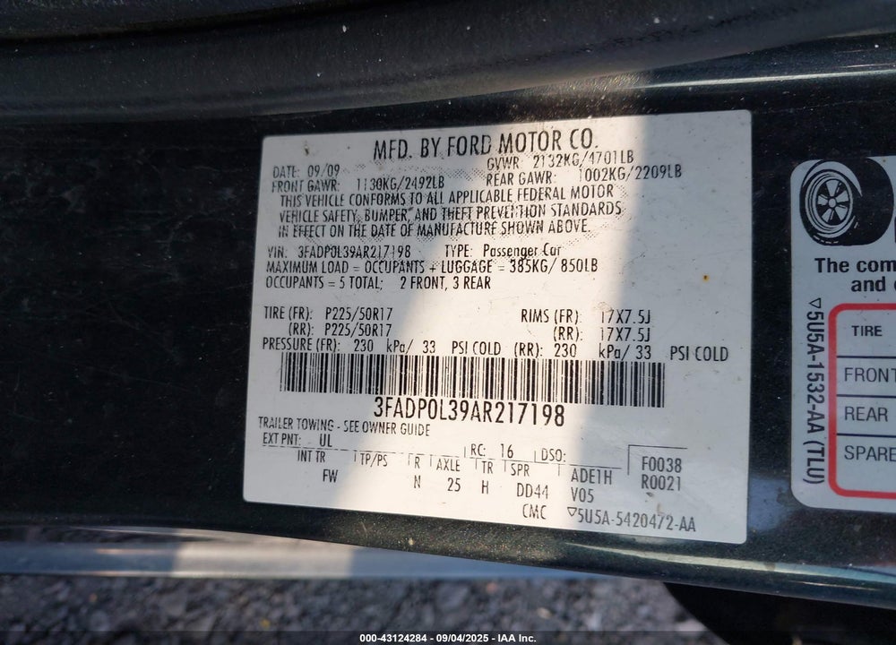 2010 FORD FUSION VIN: 3FADP0L39AR217198
