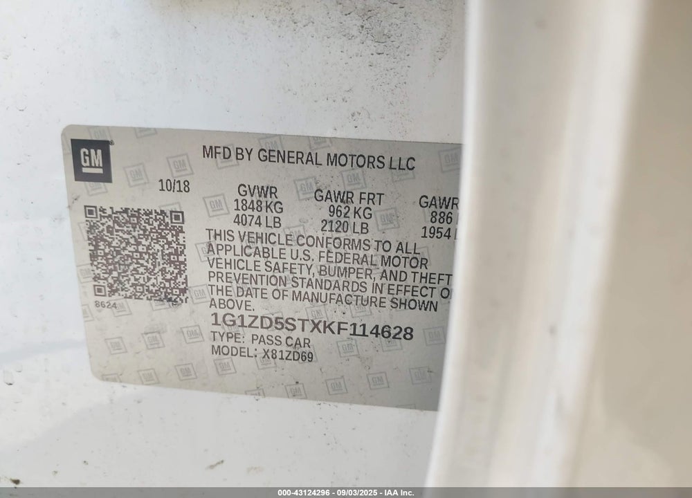 2019 CHEVROLET MALIBU VIN: 1G1ZD5STXKF114628