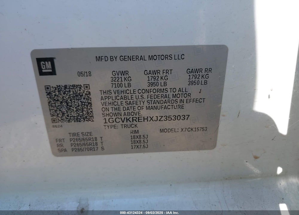 2018 CHEVROLET SILVERADO 1500 VIN: 1GCVKREHXJZ353037