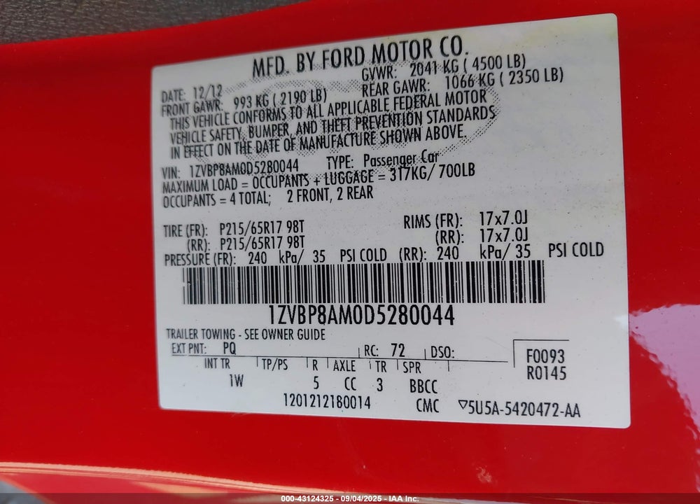 2013 FORD MUSTANG VIN: 1ZVBP8AM0D5280044