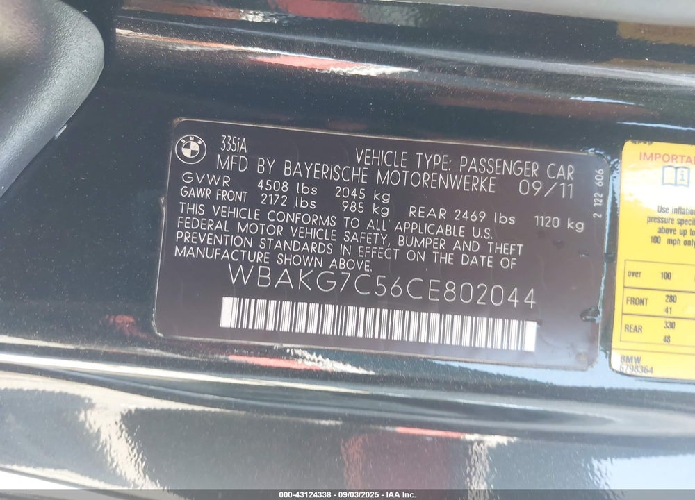 2012 BMW 3 SERIES VIN: WBAKG7C56CE802044