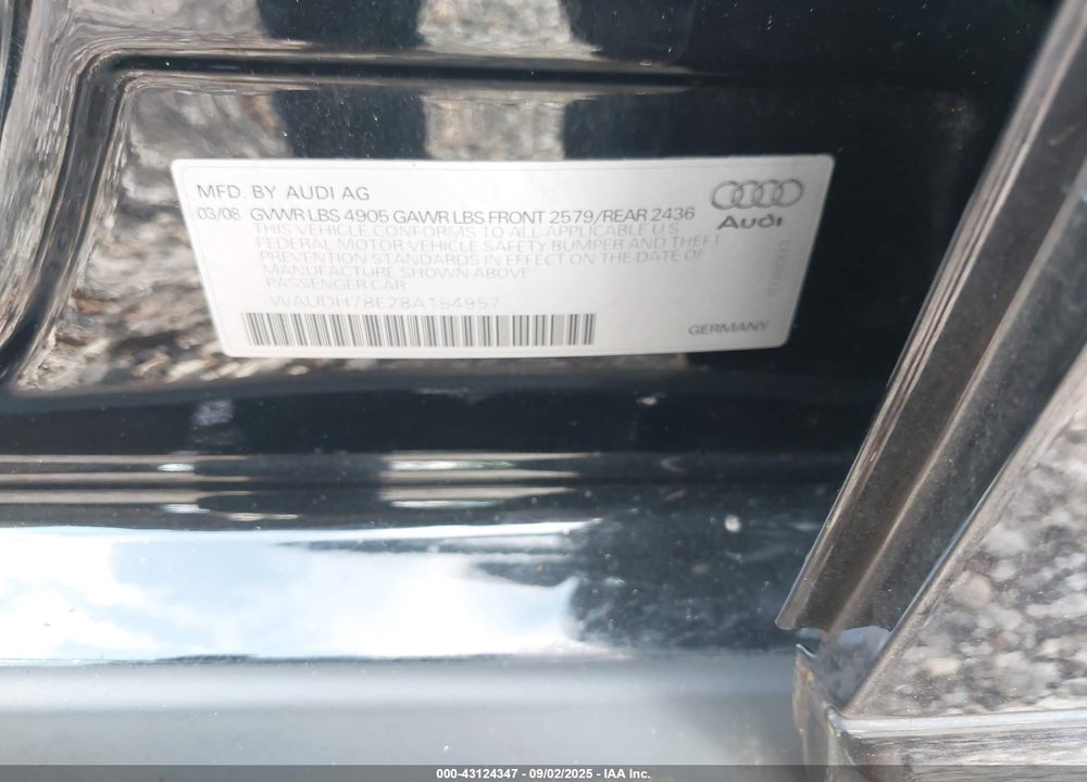 2008 AUDI A4 VIN: WAUDH78E28A154957