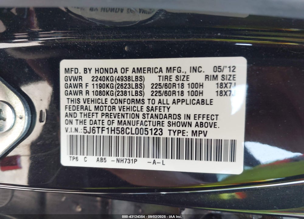2012 HONDA CROSSTOUR VIN: 5J6TF1H58CL005123