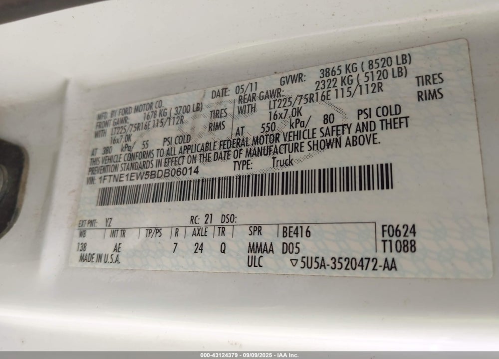 2011 FORD E-150 COMMERCIAL VIN: 1FTNE1EW5BDB06014