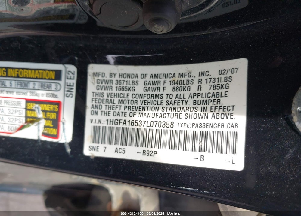 2007 HONDA CIVIC LX VIN: 1HGFA16537L070358