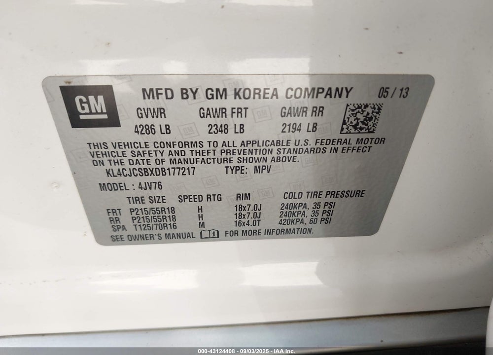 2013 BUICK ENCORE VIN: KL4CJCSBXDB177217