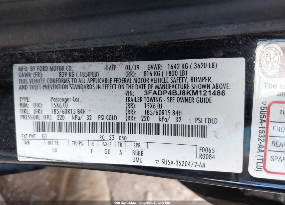 2019 FORD FIESTA VIN: 3FADP4BJ8KM121486