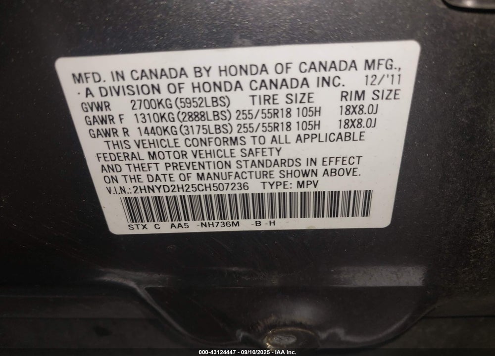 2012 ACURA MDX VIN: 2HNYD2H25CH507236