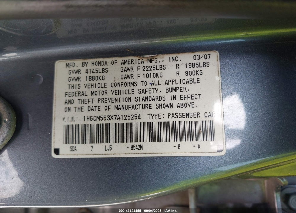 2007 HONDA ACCORD 2.4 SE VIN: 1HGCM563X7A125254