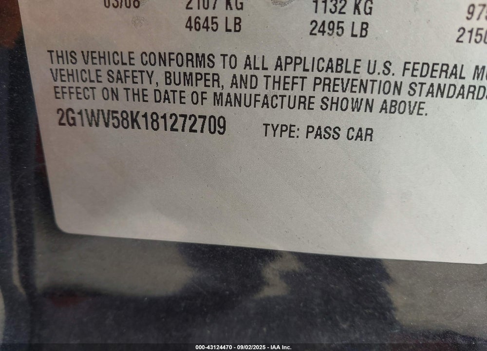 2008 CHEVROLET IMPALA LT VIN: 2G1WV58K181272709