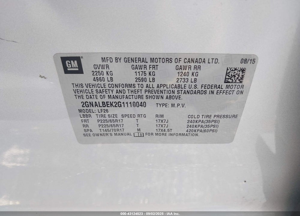 2016 CHEVROLET EQUINOX LS VIN: 2GNALBEK2G1110040