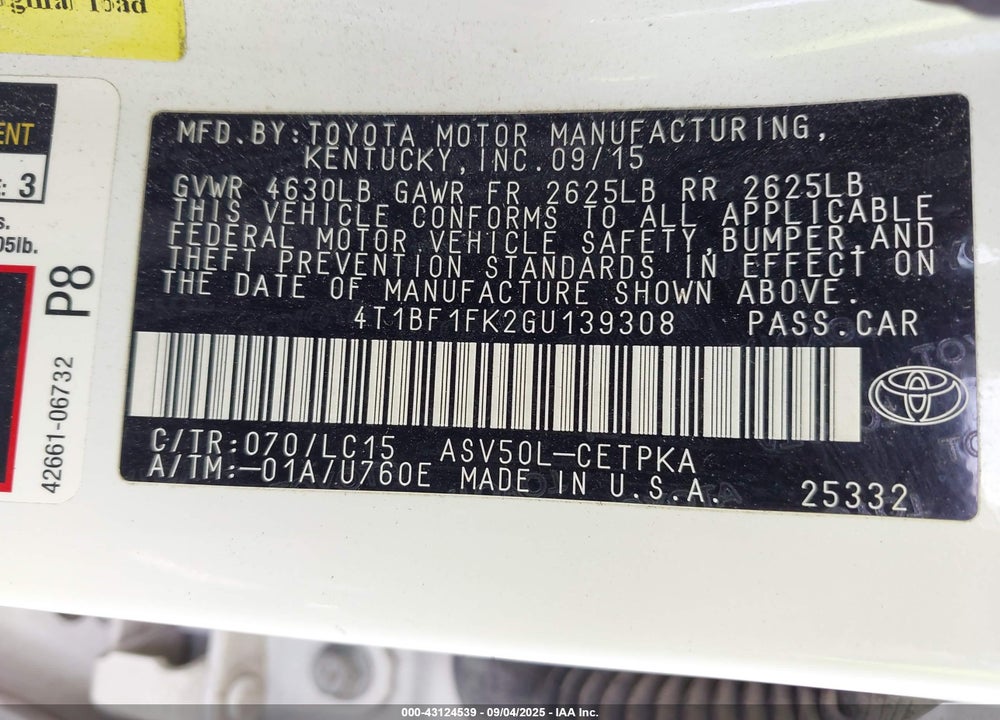 2016 TOYOTA CAMRY VIN: 4T1BF1FK2GU139308