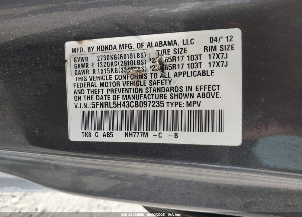 2012 HONDA ODYSSEY VIN: 5FNRL5H43CB097235