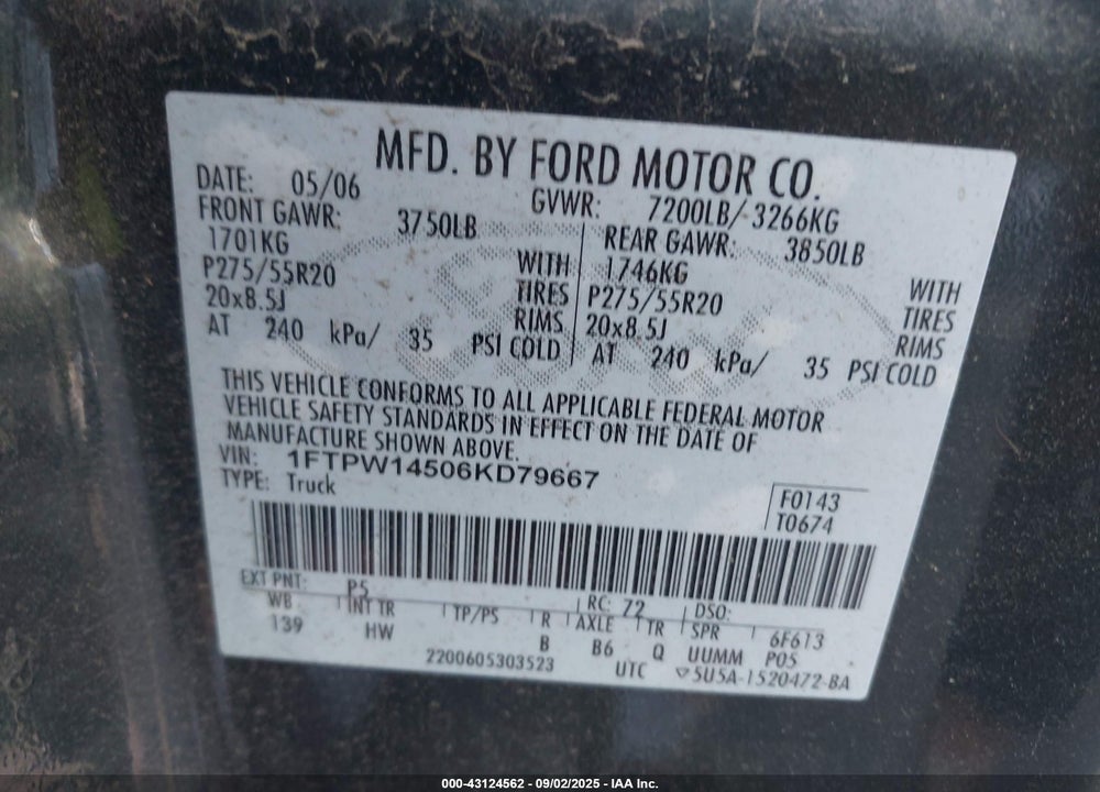 2006 FORD F-150 VIN: 1FTPW14506KD79667