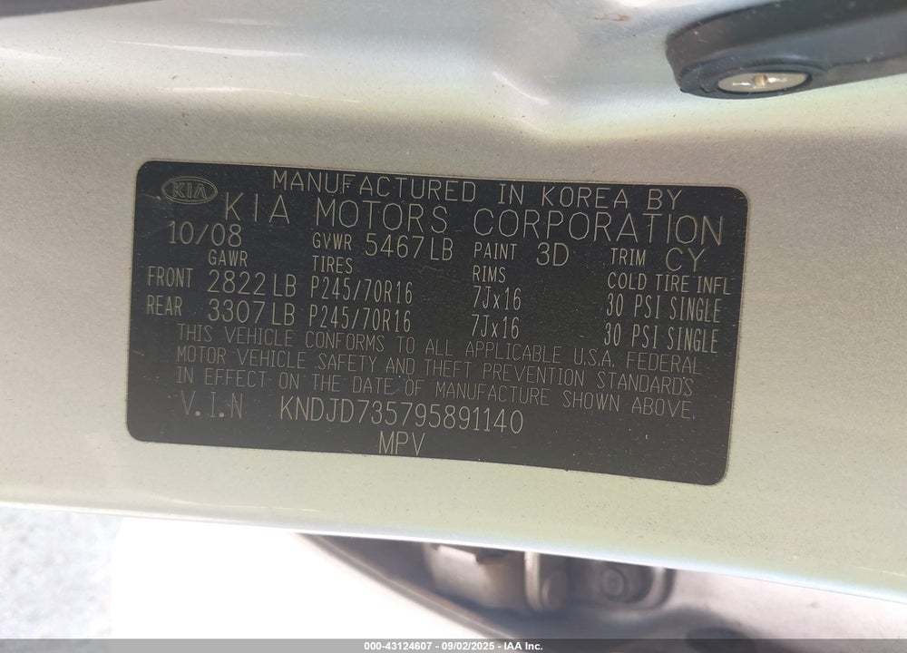 2009 KIA SORENTO VIN: KNDJD735795891140