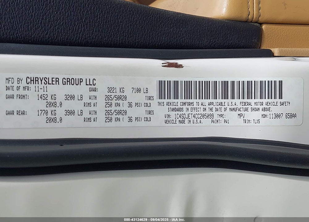 2012 DODGE DURANGO CITADEL VIN: 1C4SDJET4CC205099