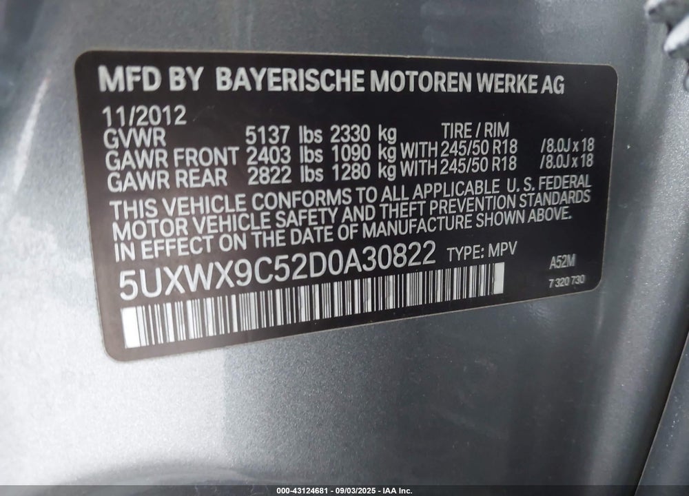 2013 BMW X3 XDRIVE28I VIN: 5UXWX9C52D0A30822